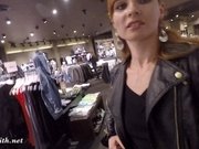 Jeny Smith flashing her seamless pantyhose while shopping